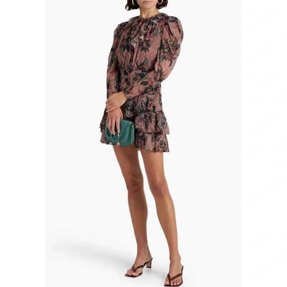 Ulla Johnson Cecily Ruffled Printed Fil Coupé Silk Blend Chiffon Mini Dress Sz:6